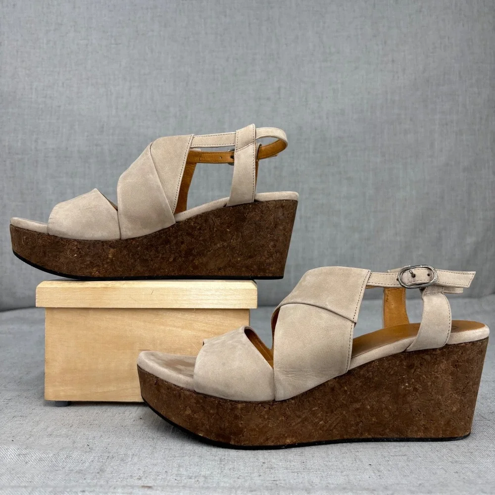Coclico Melania Cork Wedge Sandals Beige Nubuck Slingback Platform EU 39